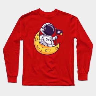 Cute Astronaut Holding Flag On Moon Cartoon Long Sleeve T-Shirt